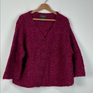 Designs Lane Bryant 18/20 Fuzzy Cardigan Mohair Wool Blend Magenta 3/4 Sleeve